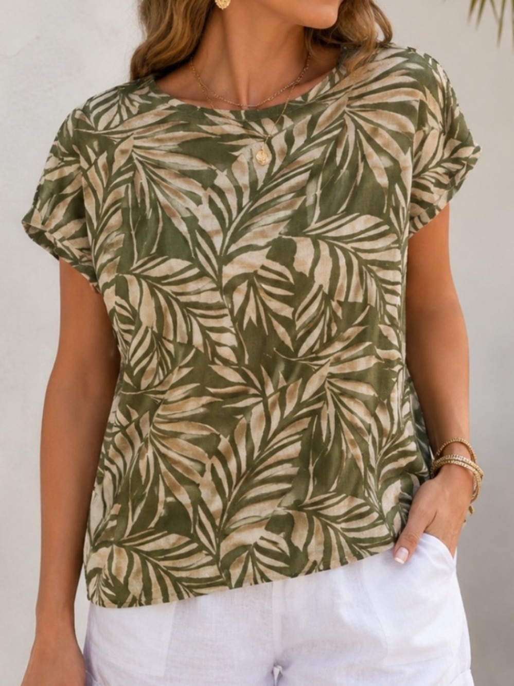 Tahari Linen Short Sleeve Relaxed Top Palm Tropical Green Large Boho Vacation